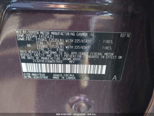 2T3ZFREV3GW261840 Toyota RAV4 LE