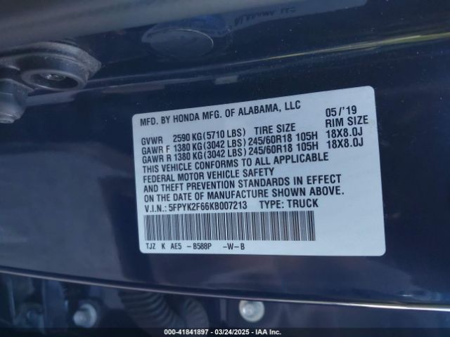 5FPYK2F66KB007213 Honda Ridgeline Rtl-t