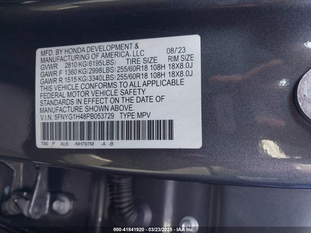 5FNYG1H48PB053729 Honda Pilot Awd Ex-l 8 Passenger