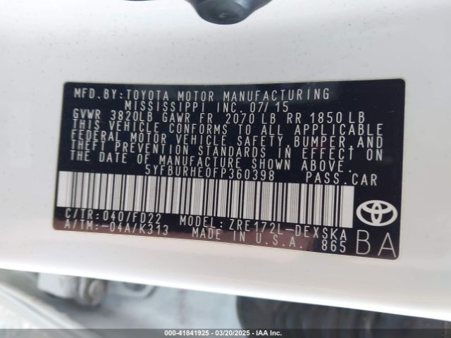 5YFBURHE0FP360398 Toyota Corolla S Plus
