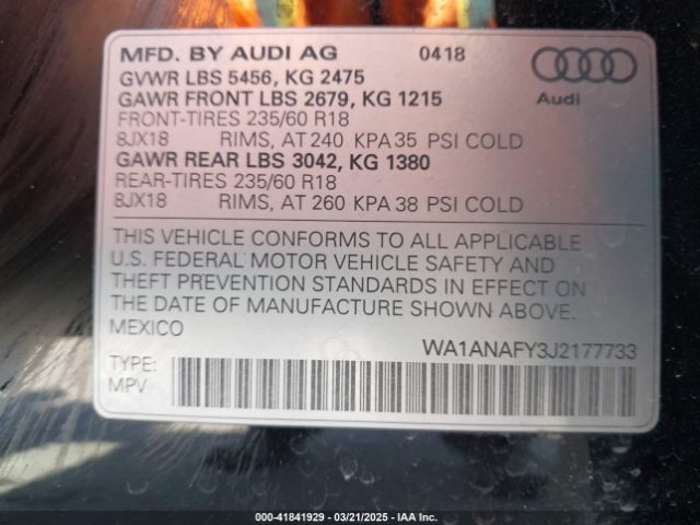 WA1ANAFY3J2177733 Audi Q5 2.0t Premium/2.0t Tech Premium