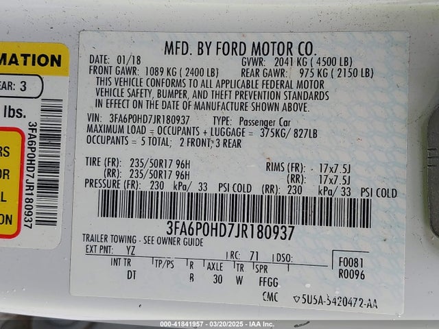 3FA6P0HD7JR180937 Ford FUSION SE
