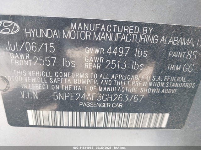 5NPE24AF3GH263767 Hyundai SONATA SE