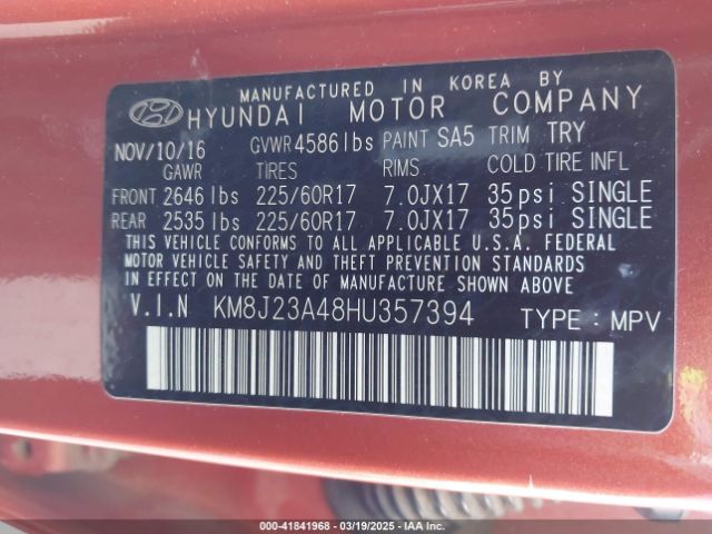 KM8J23A48HU357394 Hyundai TUCSON SE
