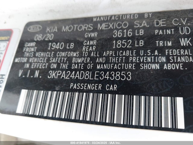 3KPA24AD8LE343853 KIA RIO LX