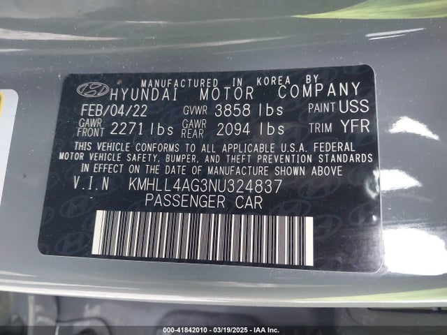 KMHLL4AG3NU324837 Hyundai ELANTRA SE