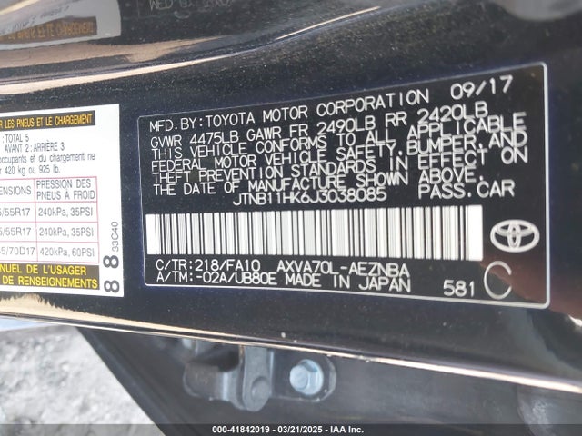 JTNB11HK6J3038085 Toyota CAMRY LE