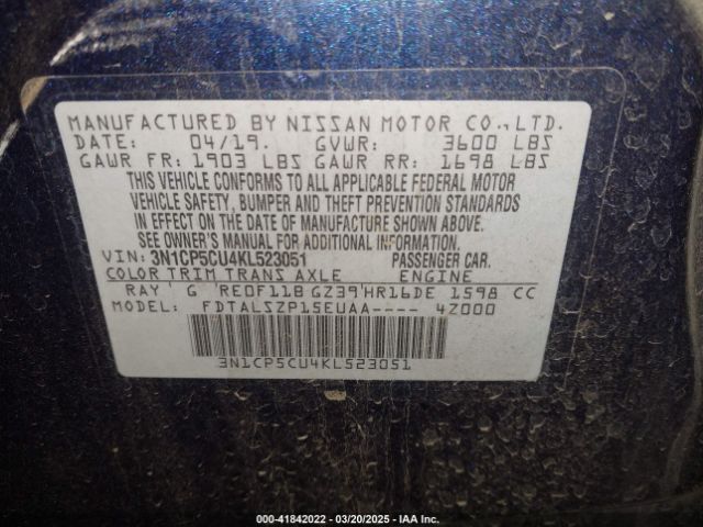 3N1CP5CU4KL523051 Nissan KICKS SV