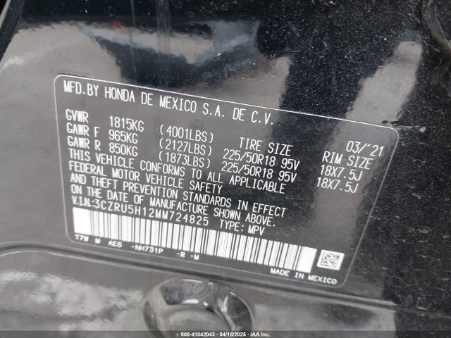 3CZRU5H12MM724825 Honda Hr-v 2wd Sport