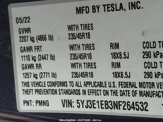 5YJ3E1EB3NF264532 Tesla Model 3 Long Range Dual Motor All-wheel Drive