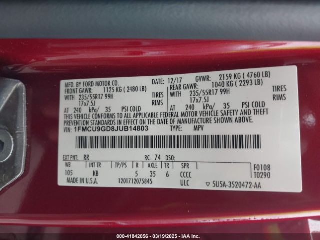 1FMCU9GD8JUB14803 Ford ESCAPE SE