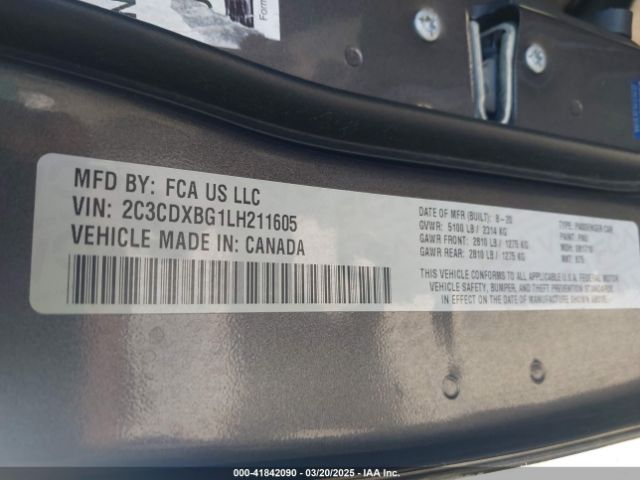 2C3CDXBG1LH211605 Dodge Charger Sxt Rwd