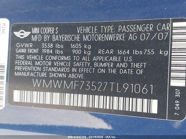 2007 MINI COOPER S WMWMF73527TL91061 Photo 8