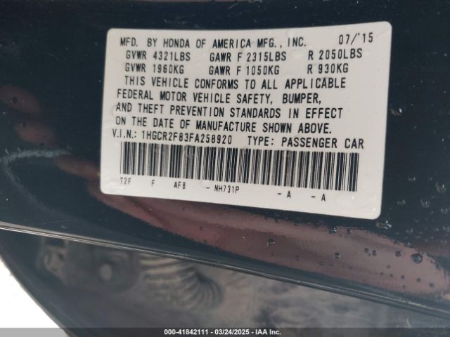 1HGCR2F83FA258920 Honda Accord Ex-l
