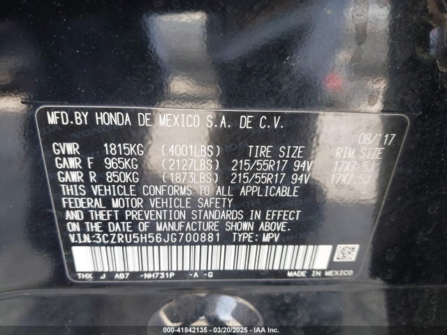3CZRU5H56JG700881 Honda HR-V EX