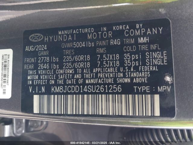 KM8JCDD14SU261256 Hyundai Tucson Hybrid Sel Convenience