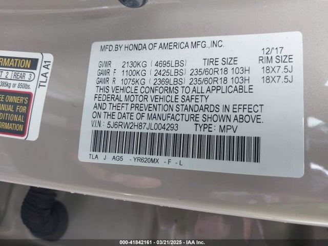 5J6RW2H87JL004293 Honda Cr-v Ex-l/ex-l Navi