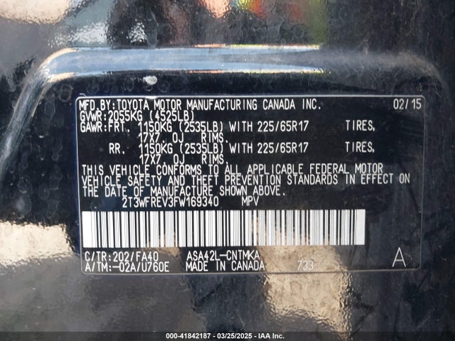 2T3WFREV3FW169340 Toyota Rav4 Xle