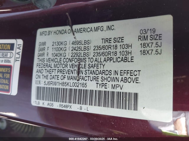 5J6RW1H85KL002165 Honda Cr-v Ex-l
