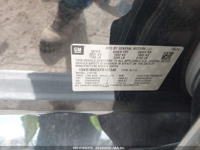 1GKS1BKCXFR192349 GMC YUKON SLT