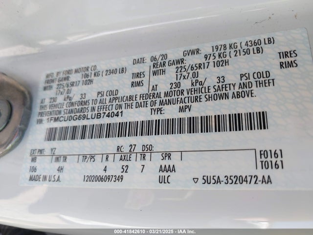 1FMCU0G69LUB74041 Ford ESCAPE SE