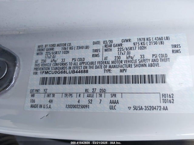1FMCU0G68LUB44688 Ford ESCAPE SE