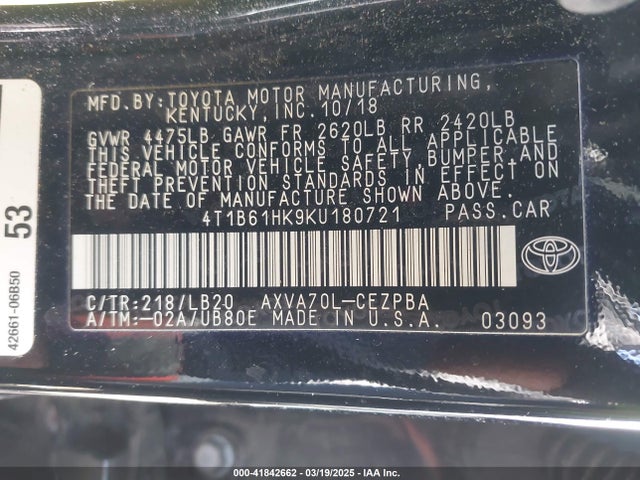 4T1B61HK9KU180721 Toyota CAMRY XSE