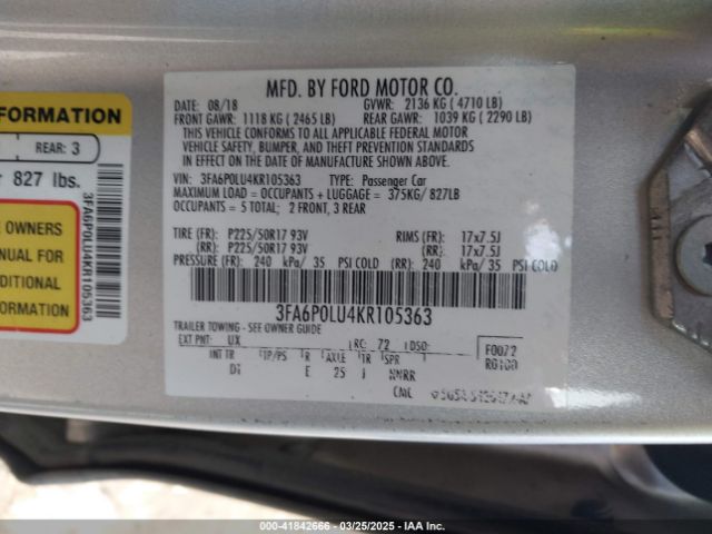 3FA6P0LU4KR105363 Ford Fusion Hybrid Se