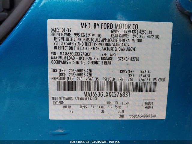 MAJ6S3GLXKC276831 Ford Ecosport Se