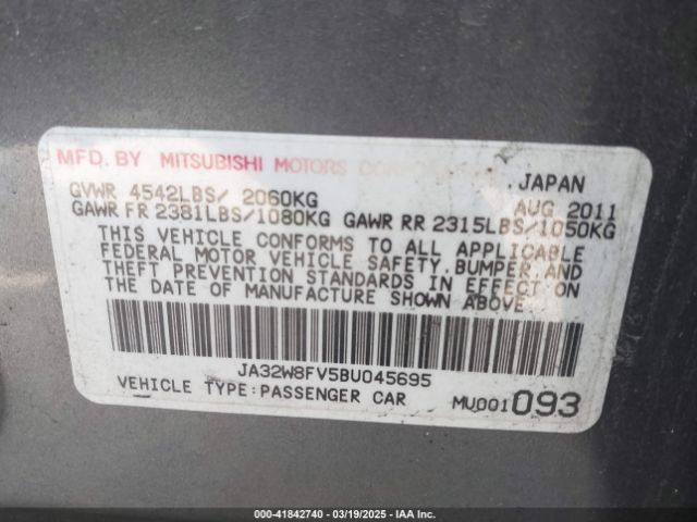 2011 MITSUBISHI LANCER EVOLUTION JA32W8FV5BU045695 Photo 8