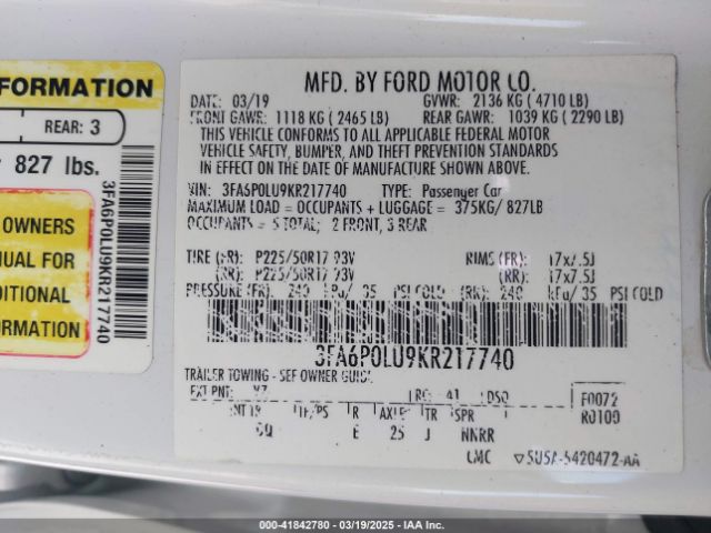 3FA6P0LU9KR217740 Ford Fusion Hybrid Se