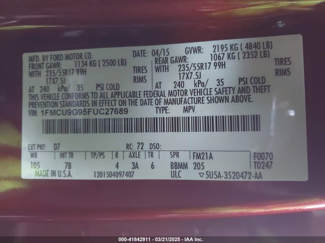 Ford ESCAPE SE 2015 1FMCU9G95FUC27689 Image 9