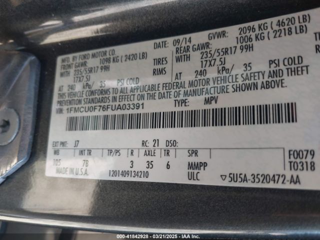 1FMCU0F76FUA03391 Ford ESCAPE S