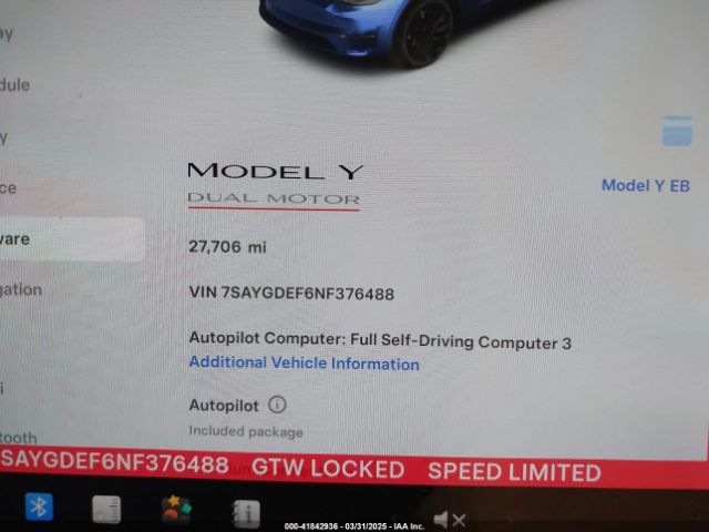 7SAYGDEF6NF376488 Tesla Model Y Performance Dual Motor All-wheel Drive