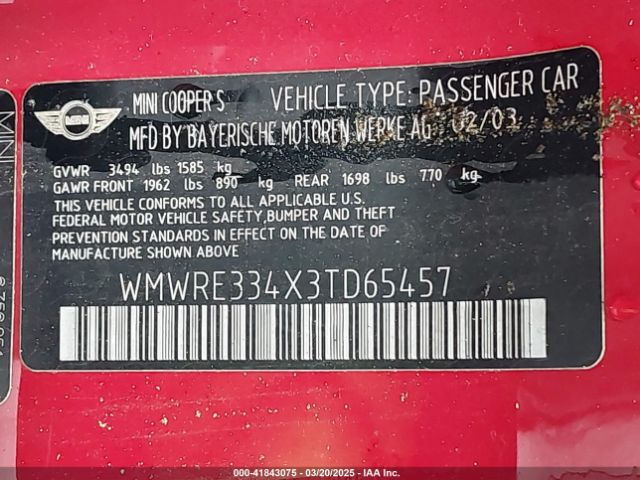 2003 MINI COOPER S WMWRE334X3TD65457 Photo 8