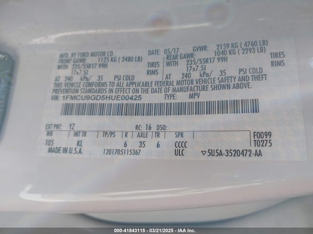 1FMCU9GD5HUE00425 Ford ESCAPE SE
