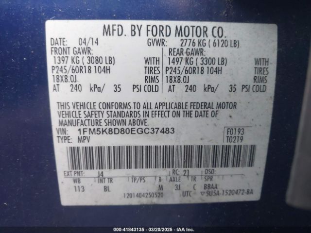 1FM5K8D80EGC37483 Ford EXPLORER XLT