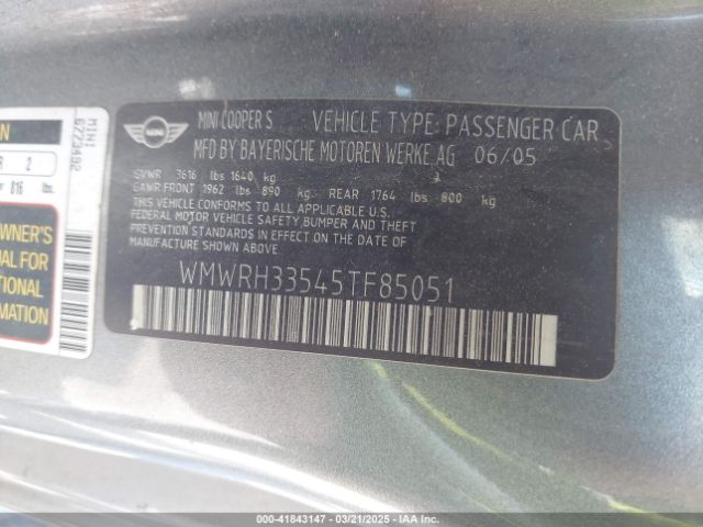 2005 MINI COOPER S WMWRH33545TF85051 Photo 8
