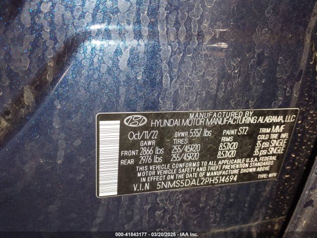 5NMS5DAL2PH514694 Hyundai Santa Fe Calligraphy