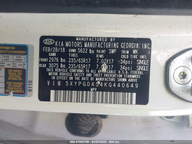 5XYPGDA54KG440649 KIA Sorento 3.3l Lx