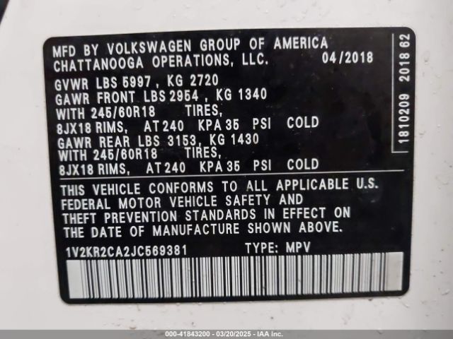 1V2KR2CA2JC569381 Volkswagen Atlas 3.6l V6 Se