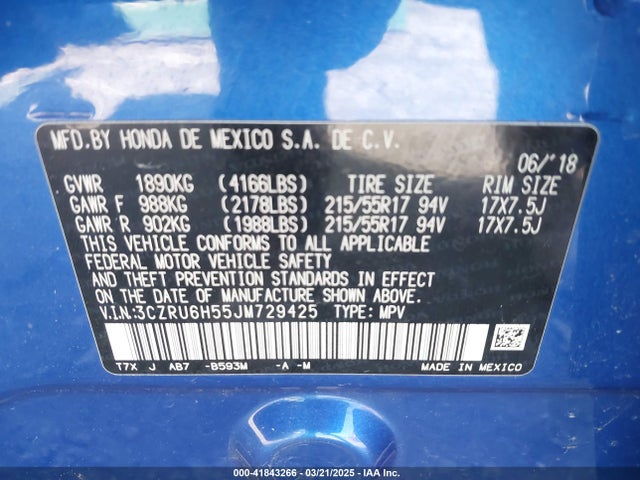 3CZRU6H55JM729425 Honda HR-V EX