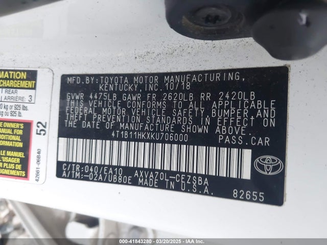 4T1B11HKXKU706000 Toyota CAMRY SE