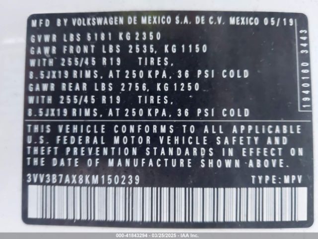 3VV3B7AX8KM150239 Volkswagen Tiguan 2.0t Se/2.0t Sel/2.0t Sel R-line/2.0t Sel R-line Black