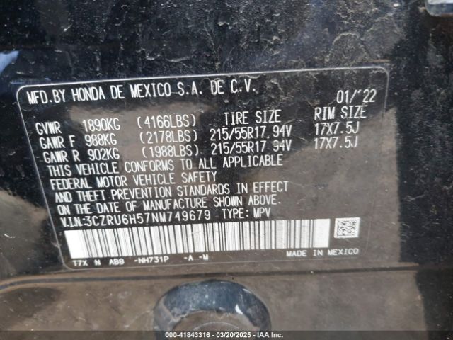 3CZRU6H57NM749679 Honda Hr-v Awd Ex