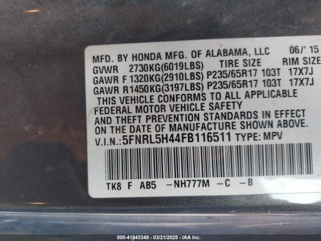 5FNRL5H44FB116511 Honda ODYSSEY EX