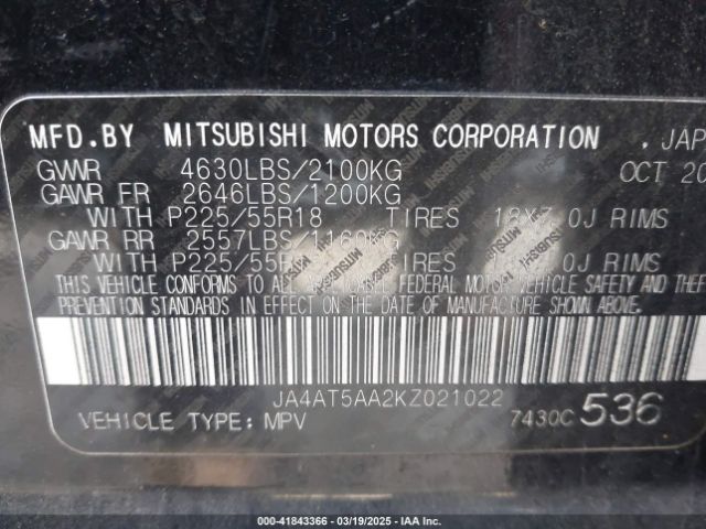 JA4AT5AA2KZ021022 Mitsubishi Eclipse Cross Se/sel