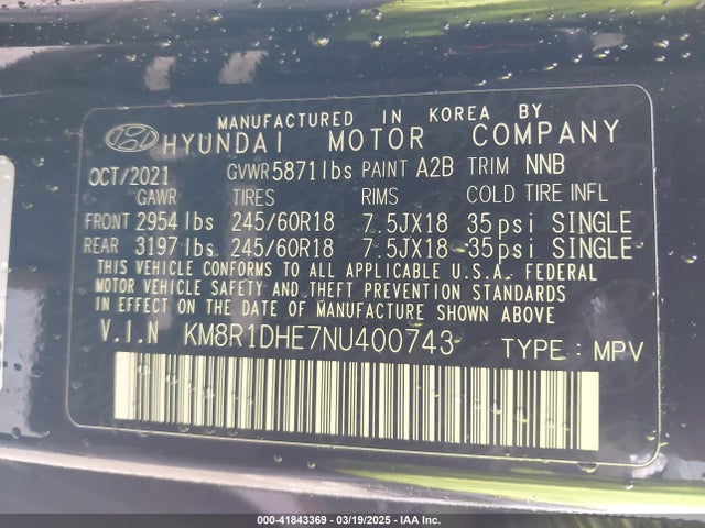 KM8R1DHE7NU400743 Hyundai Palisade Se