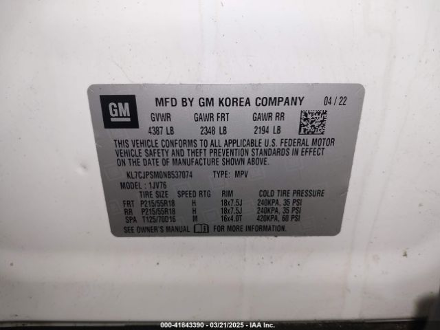 KL7CJPSM0NB537074 Chevrolet Trax Awd Lt