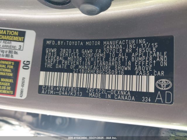 2T1BURHE8GC560916 Toyota COROLLA LE